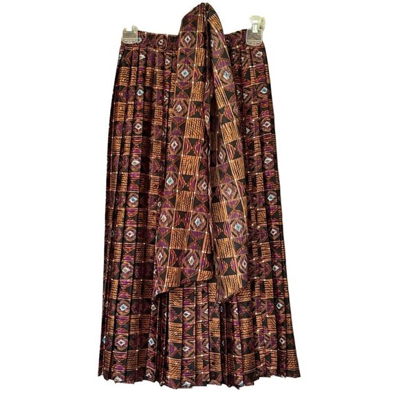 Andrea Gayle Womens VTG Satin Pleated Midi Skirt Scarf Sz PS Artsy Eclectic 70s - Picture 1 of 10